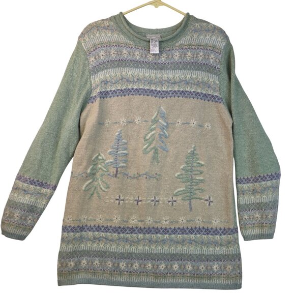 Koret Green Fair Isle Tree Design Angora Medium Sweater Vintage Deadstock - Picture 1 of 10